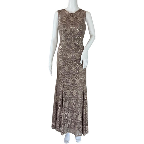 R&M Richards Women's Sequined Lace Gown Sheer Inserts Dress Champagne Sz 10P