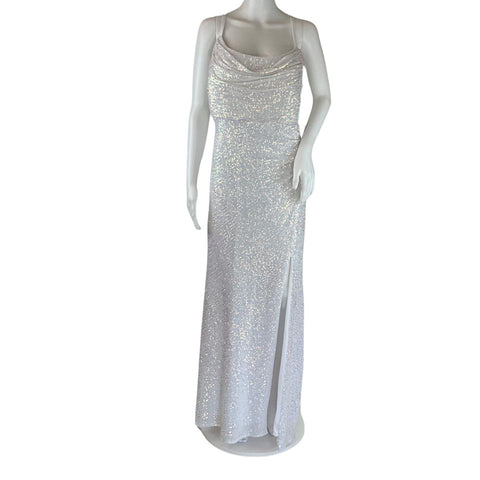 Nightway Women's Sleeveless Shimmer Evening Gown Plus Dress Sequins White Sz 14W