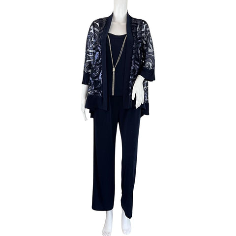 R&M Richards Women’s 3 Piece Sequin Swing Jacket, Blouse & Pants Navy Blue Sz 8P