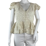 Love Sam Women's Blouse Ruffle Sleeves Intricate Embroidery Beige Color Sz S