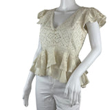 Love Sam Women's Blouse Ruffle Sleeves Intricate Embroidery Beige Color Sz S