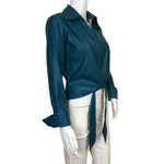 Ramy Brook Women's Elegant Leather Shirt Front Lace Details Blue Metallic Sz 2