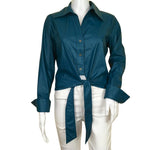 Ramy Brook Women's Elegant Leather Shirt Front Lace Details Blue Metallic Sz 2