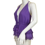 Ramy Brook Women's Blouse Ruffle V Neck Sleeveless Fringes Details Purple Sz 2