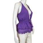 Ramy Brook Women's Blouse Ruffle V Neck Sleeveless Fringes Details Purple Sz 2