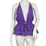 Ramy Brook Women's Blouse Ruffle V Neck Sleeveless Fringes Details Purple Sz 2