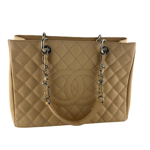 Chanel Women's Tote Bag Interlocking CC Creme Quilted Caviar Leather Sz M