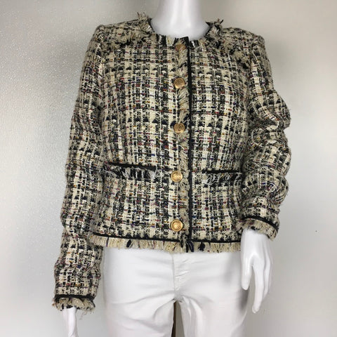 Walter Baker Black Multicolor Tweed Fringe Trim Faux Leather Baca Jacket