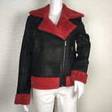 DH New York Black and Red Color Faux Leather Fur Shearling Zip Up Bomber Jacket