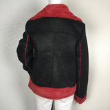 DH New York Black and Red Color Faux Leather Fur Shearling Zip Up Bomber Jacket