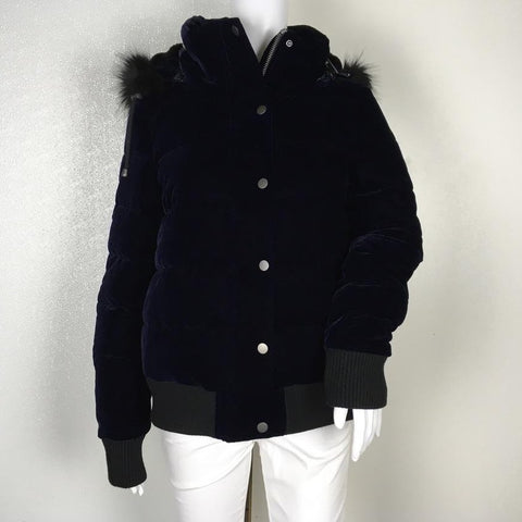 Betsey Johnson Navy Velvet Color Hooded Removible Winter Jacket