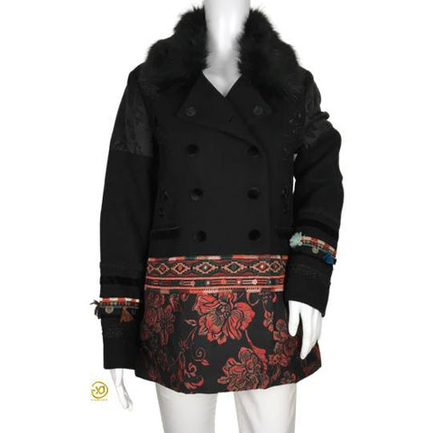 Desigual Washington Motives Neck Faux Fur Black Multicolor Coat