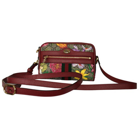 Gucci Ophidia GG Flora Monogram Print Green & Red Web Crossbody Bag