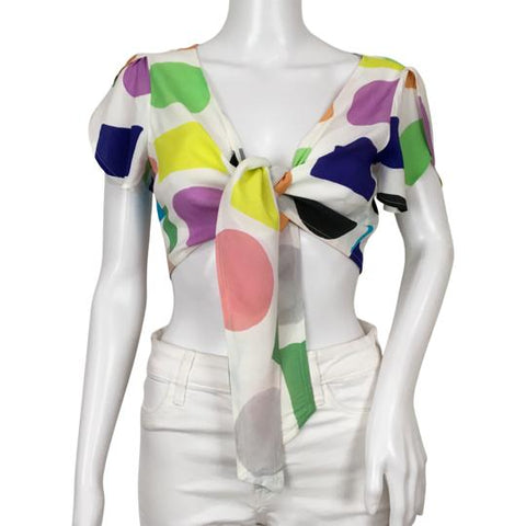 Desigual Womens Top Blouse Short Sleeve White Multicolor Elegant