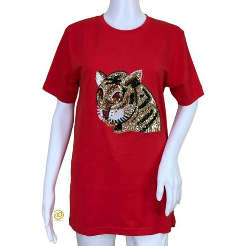 YJGLAM Women's Sequins Tiger Design T-Shirt Short Sleeve