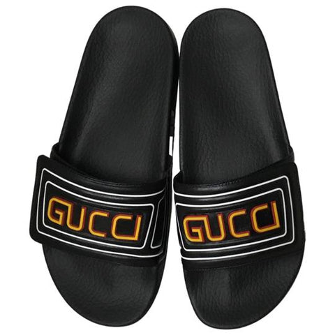 Gucci Print Logo Leather Strap Slide Sandals Black & White