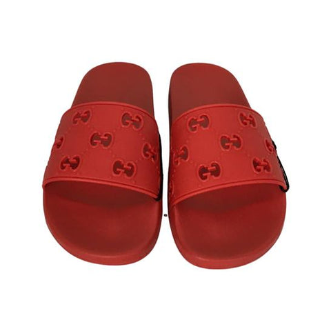 Gucci Men's GG Smotif Signature Engrave Logo Rubber Slide Sandals Red Color