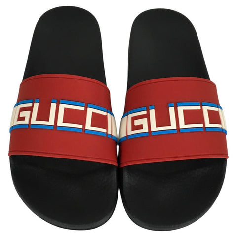 Gucci Men's Print Logo Stripe Rubber Slide Sandals