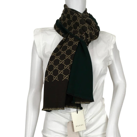 Gucci Women's Scarf Double Sided Green Other Side Brown Beige Monogram GG