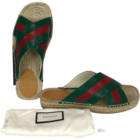 Gucci Men's Stripes Green & Red Web Slide Sandals Leather Sz 8