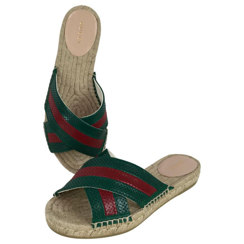 Gucci Men's Stripes Green & Red Web Slide Sandals Leather