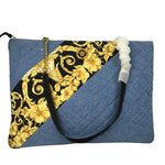 Gianni Versace Women's Quilted Tote Bag Print Golden Flowers Blue Sz 14x20 cm