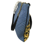 Gianni Versace Women's Quilted Tote Bag Print Golden Flowers Blue Sz 14x20 cm