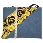 Gianni Versace Women's Quilted Tote Bag Print Golden Flowers Blue Sz 14x20 cm