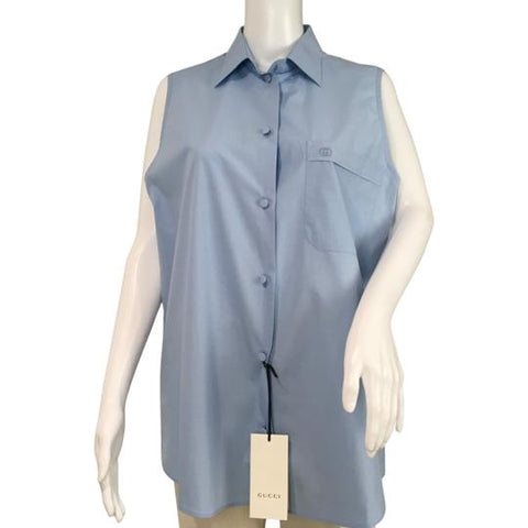 Gucci Women's Blouse Button Up Sleeveless Front Pocket Blue Color Sz 40