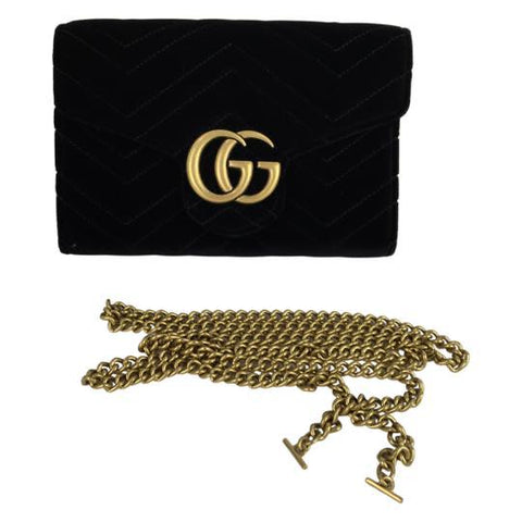 Gucci Women's Black Velvet Matelasse GG Marmont Chain Wallet Crossbody Bag Sz S